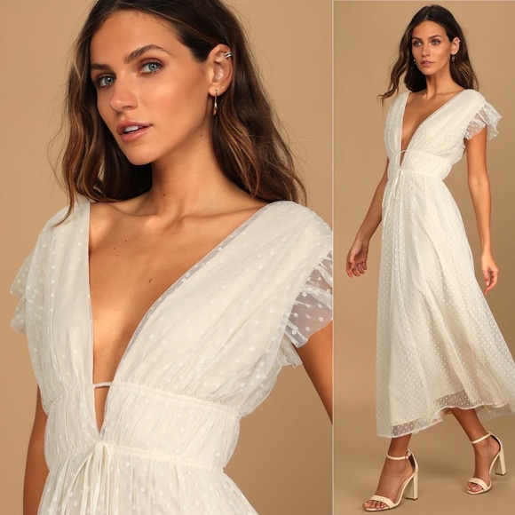 Ivory Cream Swiss Dot Ruffled Tulle Midi Dress 🌿 - Picture 5 of 15